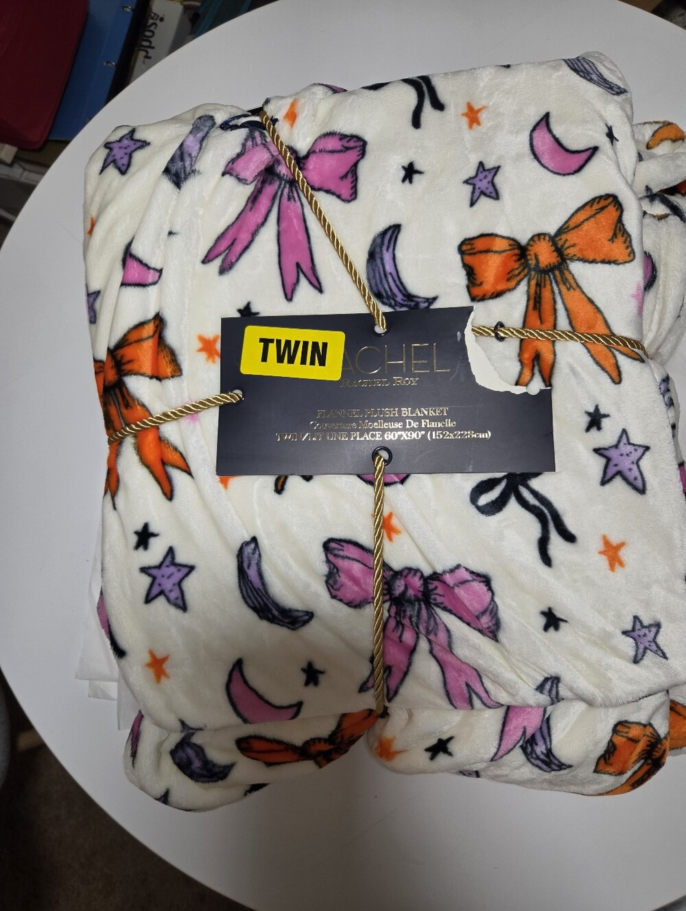 RACHEL Roy Flannel  Plush Blanket - White with Pink & Orange Bows, Moon & Stars.